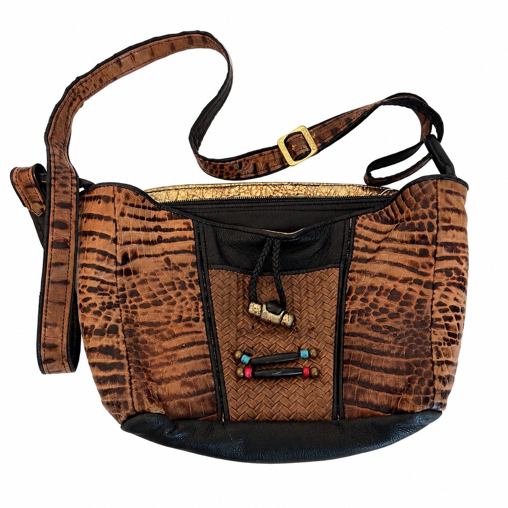 D'Onofrio Vintage Crossbody Bag Brown Faux Croc Woven Leather Boho Made in USA